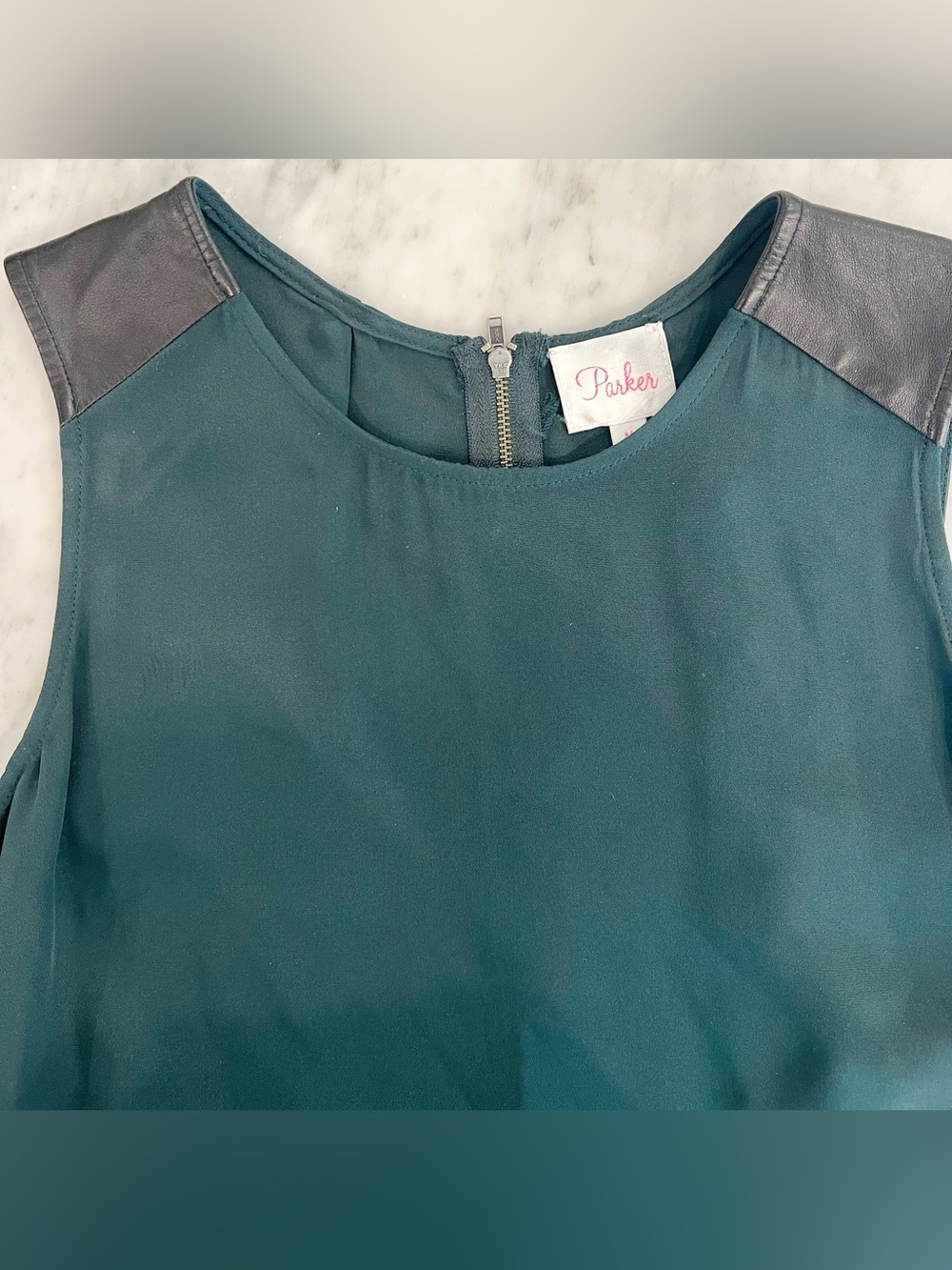 Parker Hunter Green Sleeveless Tunic with Black Faux Leather Contrast